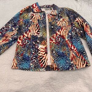 Chico's Colorful Abstract Print Denim Style Jacket Size 2 US Large (10–12)